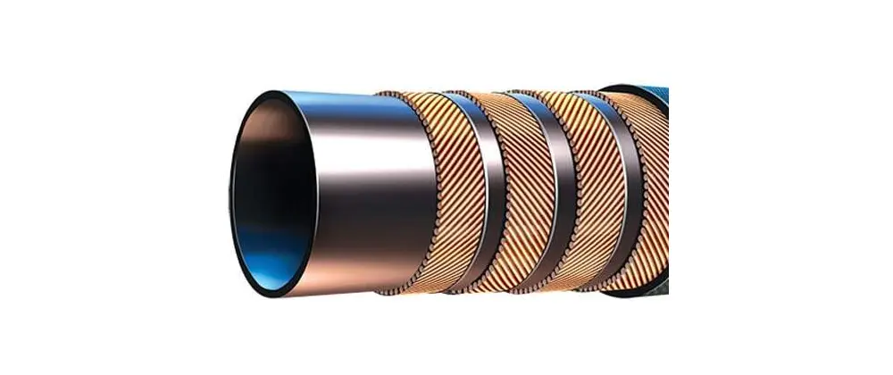 Coupe technique d’un flexible hydraulique haute pression à renforts métalliques et robe extérieure en caoutchouc