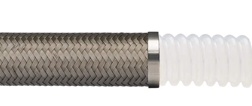 Détail d’un flexible PTFE convoluté sous tresse inox