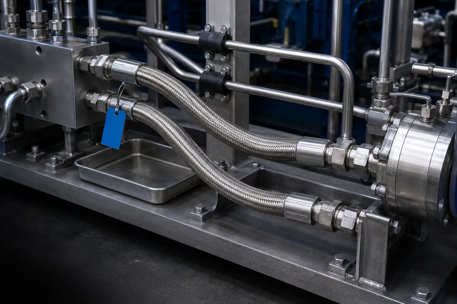 Exemple illustratif de flexibles PTFE tressés inox installés sur un banc fluidique industriel